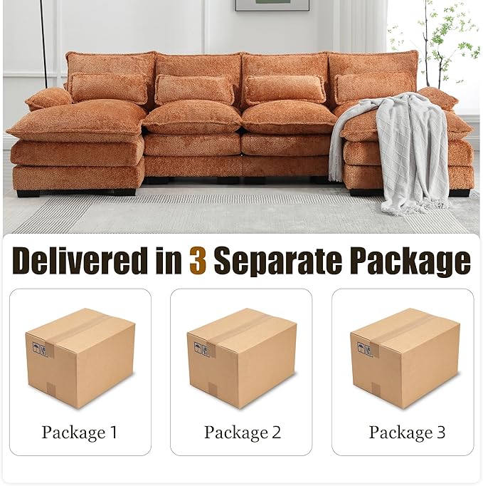 110'' U-Shaped Sectional Couch Modern Chenille Extra Large Modular Sofa with 4 Cushions Memory Foam Funiture Set with Double Lounger for Living Room Office Reception Room Orange