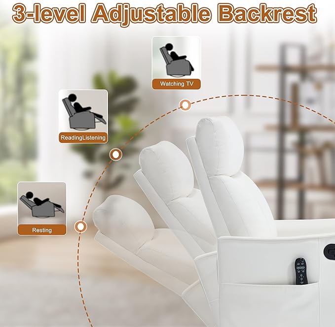 Manual Swivel Rocker Recliner Chair for Adults Overstuffed Glider Chair for Nursery with Massage and Heat Living Room Reclining Chair Faux Leather White