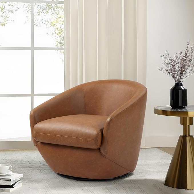 Swivel Barrel Accent Chair Modern Round Faux Leather Arm Chair for Living Room Bedroom Comfy Club Reading Chairs for Adults(Faux Leather Brown Set of 2)