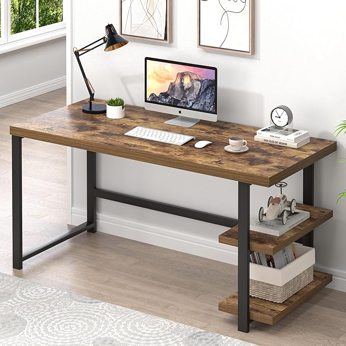 EXCEFUR Modern Computer Desk Home Office Desk with Storage Shelf Wood Study Writing Table Workstation for Bedroom Living Room Rustic Brown 53 Inch