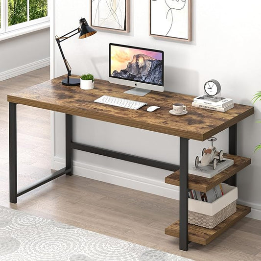 EXCEFUR Modern Computer Desk Home Office Desk with Storage Shelf Wood Study Writing Table Workstation for Bedroom Living Room Rustic Brown 53 Inch