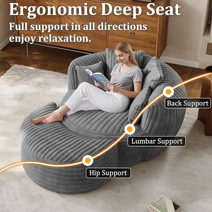 50 Oversized Chaise Lounge Indoor Round Reading Chair Lounge Chair with Ottoman Boneless Sofa Bed Large Fluffy Plush Corduroy Chaise Chair for Living Room Playroom Bedroom Grey
