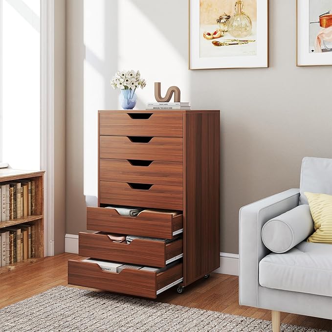 7 Drawer File Cabinet Mobile Filing Cabinet w/Universal Wheels Wood Printer Stand with Storage Rolling File Cabinets for Home Office Living Room Bedroom (Walnut 7 Drawers)