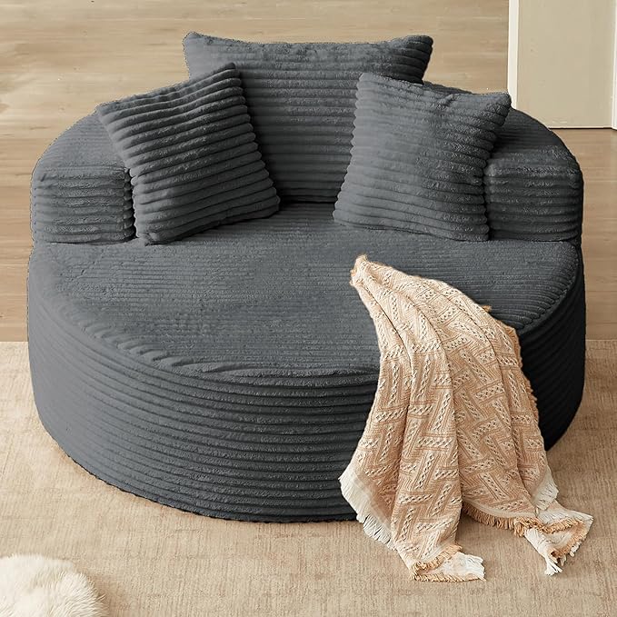 Oversized Round Chair Lounge Chaise Indoor Upholstered Corduroy Deep Seat Cloud Large Circle Sofa Chair No Assembly Required Fluffy Modern Sleeper Sofa Bed for Reading Living Room Dark Gray