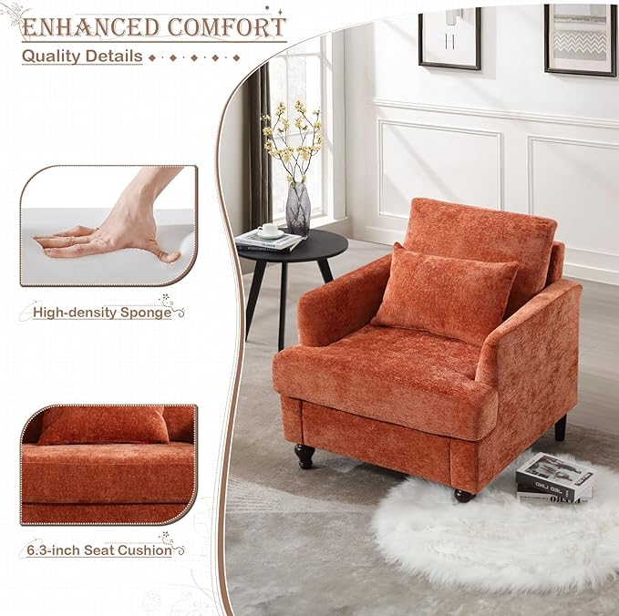 KINFFICT Modern Accent Chair for Living Room Upholstered Single Sofa Chair with Lumbar Pillow Comfy Armchair with Thickened Cushion Living Room Chairs for Bedroom Office Orange Chenille