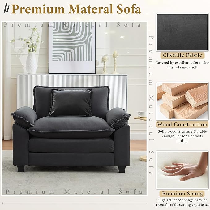 URRED Cloud Couch Accent Chair with Ottoman Oversized Velvet Armchair with Deep Wide Seat and Upholstered Armrests – Modern Lounge Chair for Bedroom or Living Room (Dark Gray 2 Chairs)