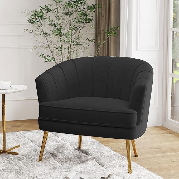 Velvet Accent Chair for Living Room Bedroom Office - Upholstered Single Sofa Arm Chair With Metal Legs - Comfy Reading Leisure Club Coffee Chair - Black