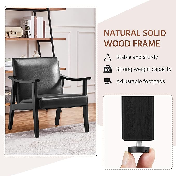 Yaheetech PU Leather Accent Chair Mid-Century Modern Armchair with Solid Wood Legs Reading Leisure Chair with High Back for Living Room Bedroom Waiting Room Black
