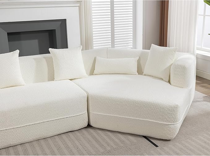 KEIKI 128 Oversized Modular Boucle Sectional Sofa with Flared Armrest Modern Minimalist Style 3-Seater Reversible Combination Couch Easy Assembly for Apartment Living Room Bedroom Creamy White