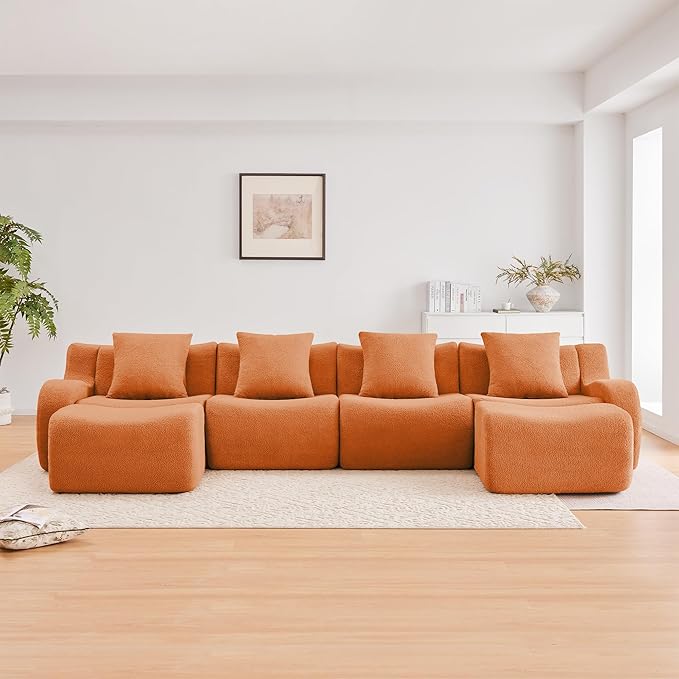 Modular Sectional Sofa for Living Room 148 U-Shaped Orange Boneless Cloud Couch with 2 Ottoman4-Seat Teddy Fabric Sofa Deep Seat Curved ArmrestStreamlined Ergonomic Design