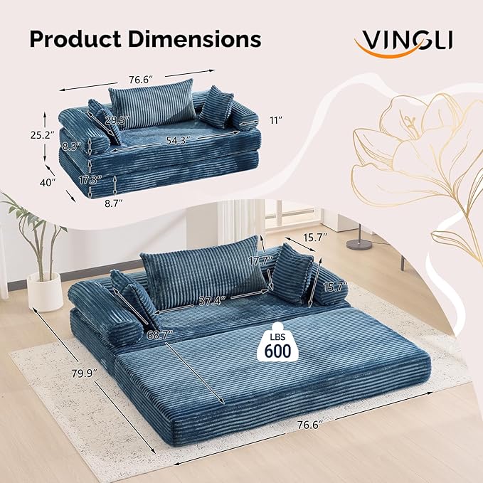 VINGLI Convertible Futon Sofa Bed Upholstered Corduroy Boneless Couch King Size Floor Loveseat Sleeper Sofa with 2-in-1 Throw Pillow Couches for Living Room Bedroom Lounge Navy Blue