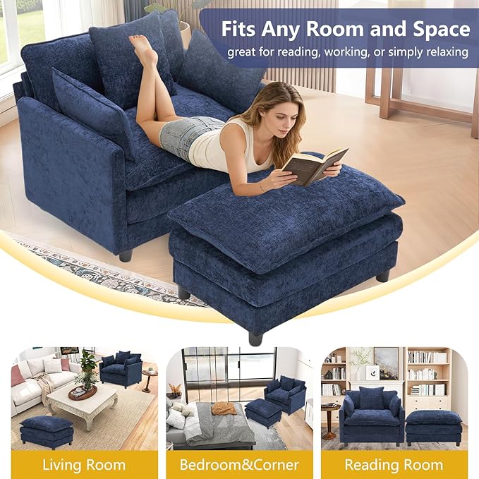 cinkehome Oversized Accent Chair with Ottoman Comfy Upholstered Armchair with Deep Seat Overstuffed Lounge Chair for Living Room Reading Nook