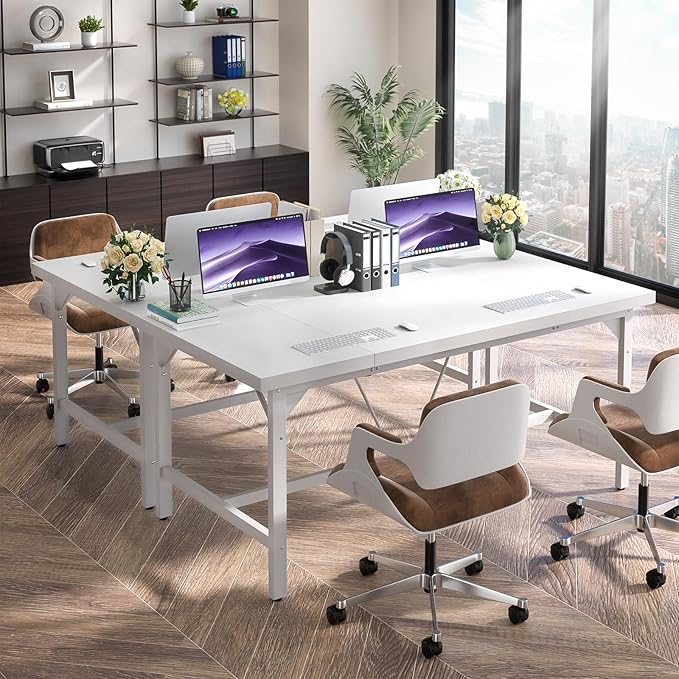 Cyclysio 63 Large Computer Desk Long Office Table with Heavy Duty Metal Frame Modern Study Writing Gaming Desk for 2 Person 1.4 Thick Wood Desktop for Home Office (White 63 Inch)