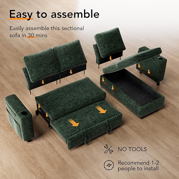Vipbear Sectional Sleeper Sofa with Pull Out Bed 82 L Shaped Couch Sleeper Sofa with Reclining Backrest/Reversible Storage Chaise/Armrest Storage/Cup Holder/Side Pocket Tool-Free Assembly Green