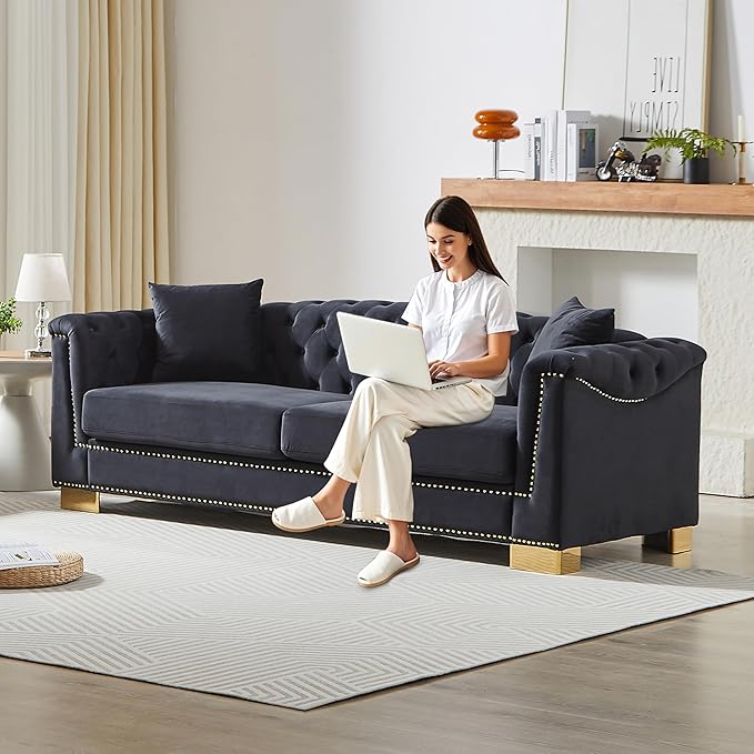84 Chesterfield 3-Seater Black Velvet Combination Sofa 2 Cushion Classic 6.5 Rolled Arm Modern Couch Suitable for Living Room