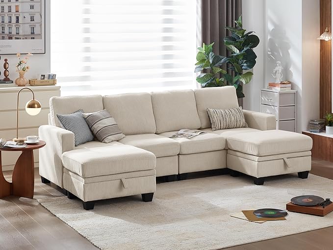 CHIC HOUSE Corduroy Modular Sectional Couch with Ottoman Chaise L/U Shaped Sleeper Sofa for Living Room Apartment Lounge Modern Armrest Neck Support Furniture (6 Seater Sectional Beige)