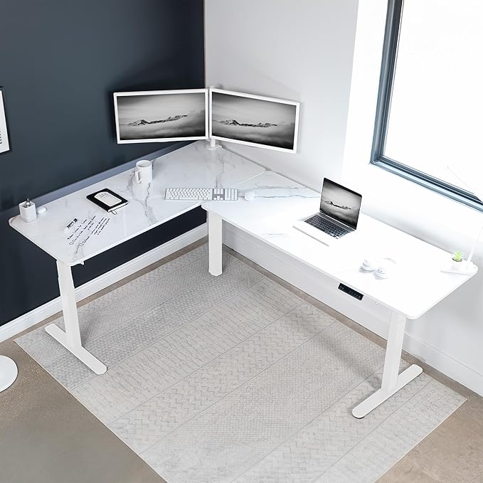 VIVO Electric Height Adjustable 83 x 60 inch Corner Stand Up Desk 2 White Marble Dry Erase Solid Table Tops White Frame Memory Controller L-Shaped Workstation 3E Series DESK-KIT-3E8WWM