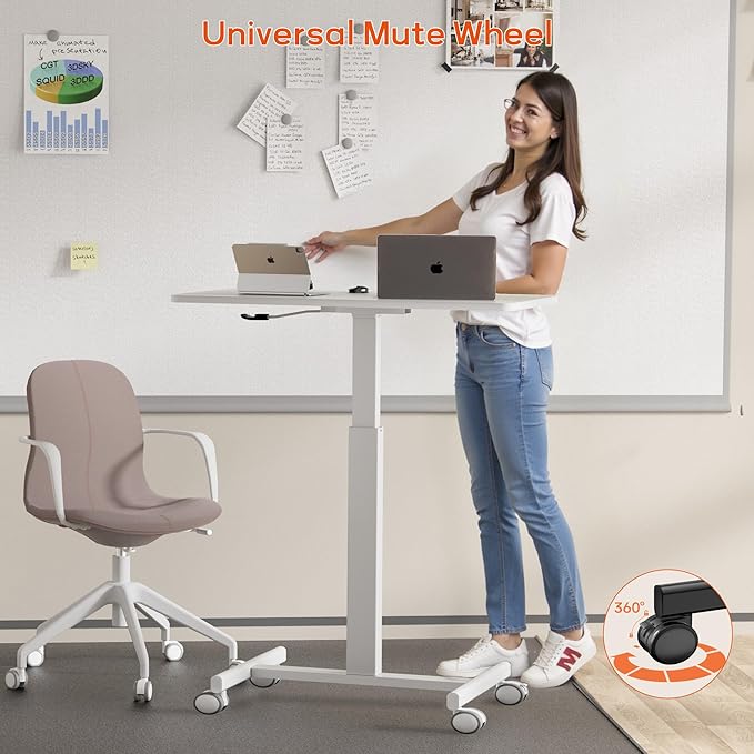 Mobile Standing Desk Small Standing Rolling Desk Portable Laptop Desk with Lockable Wheels Computer Workstations Adjustable Height White