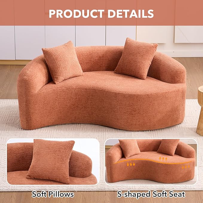 67 Modular Sectional Loveseat Sofa Chenille Upholstered Cloud Couch with S-Shaped Cushion Boneless Couch Sleeper Deep Seat Sofa with Throw Pillows for Living Room (Coral) | Chenille Comfortable