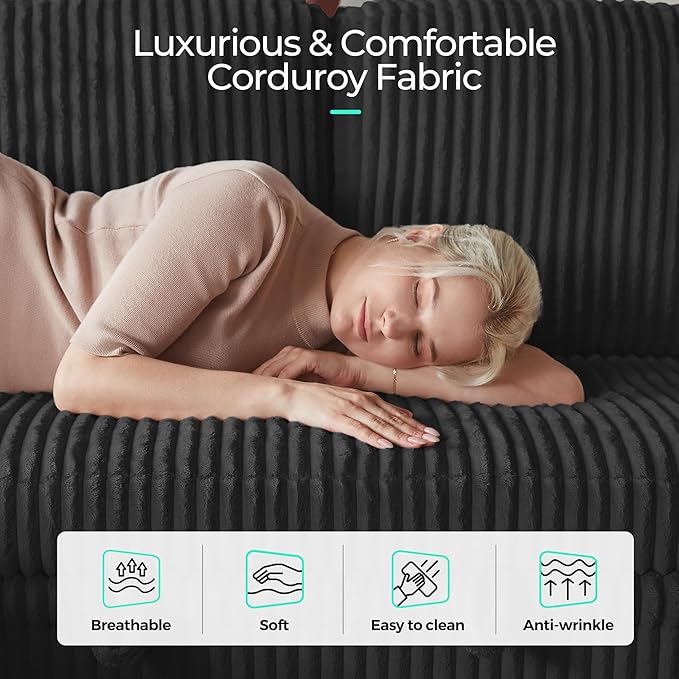 LINSY HOME Sectional Sleeper Sofa with Pull Out Couch Bed - Convertible Plush Corduroy Cloud Couch with Storage Chaise &amp USB Charging Comfy L Shaped Modular Couches for Living Room Apartment Bla