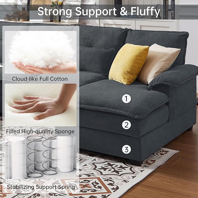 110 Comfy Cloud Couch Sectional Sofa with Lumbar Pillows Modern U-Shaped Cloud Sofa with Double Chaise &amp Deep Seat for Living Room or Office Easy Assembly Dark Grey