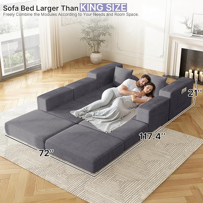 102 Sectional Couches for Living RoomCustomizable Boneless Couch Convertible Modular Sectional Sofa Bed Plush Corduory Sleeper Sofa Folding Futon L Shaped Couch No Assembly(Grey)