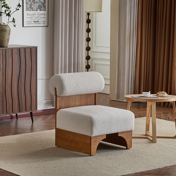 Christopher Knight Home Devon Modern Minimalist Boucle Fabric Upholstered Accent ChairWooden Lounge Chair with Rolled Backrest+Soft Padded SeatComfy Reading ChairLiving Room/Bedroom Beige+Natural