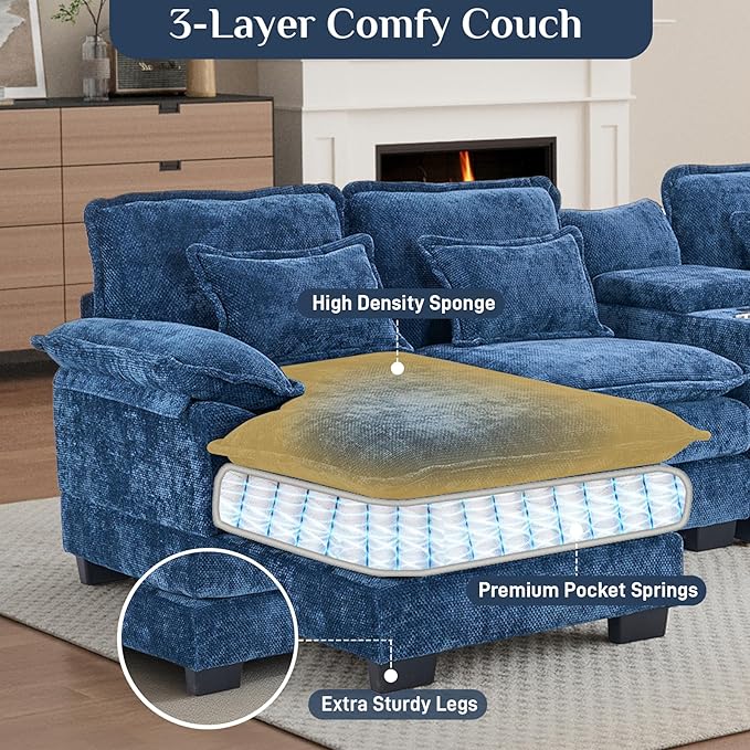 133 Oversized U Shaped Cloud Couch Modular Sectional Couches for Living Room Comfy Chenille Deep Seat Sofa Set with Double Chaise Lounge Storage Central Console Cup Holders USB Port Blue