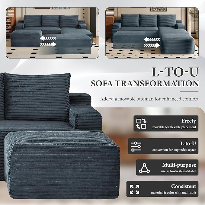 96''Sectional Couches for Living RoomModern Modular Sectional SofaUpholstered Boneless Couch Comfy Cloud Couch with L Shaped Chaise (Dark Grey 96''W Left Facing Chaise+Ottoman)