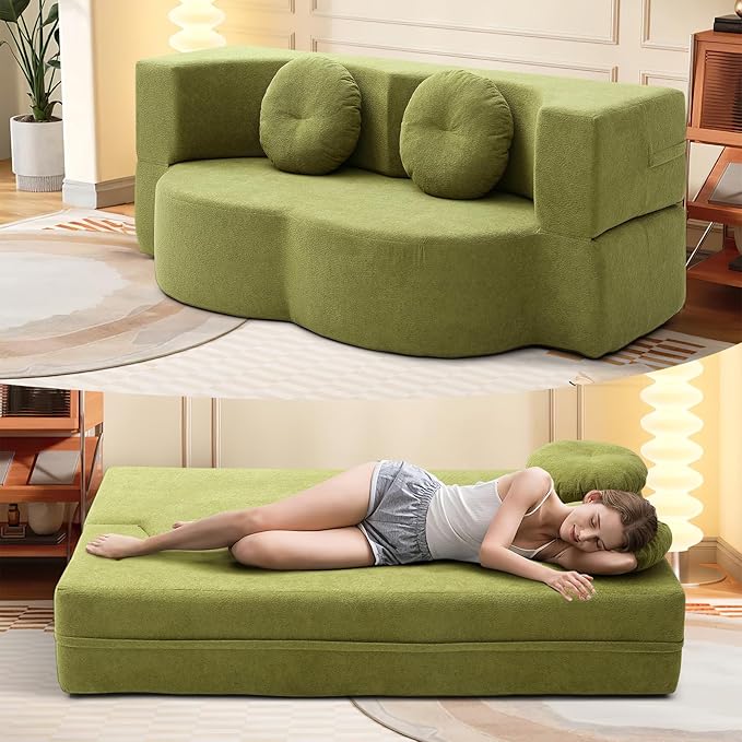 Convertible Folding Sofa Bed 75.5 Boneless Cloud Couch Loveseat Floor &amp Futon Lounge Sleeper Couches Lychee Velvet for Living Room Office Small Spaces No Assembly Required Green