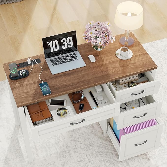 Vabches Farmhouse 47 Executive Desk Computer Desk with File Drawer and Charging Station Workstation for Home Office &amp Study（Off White