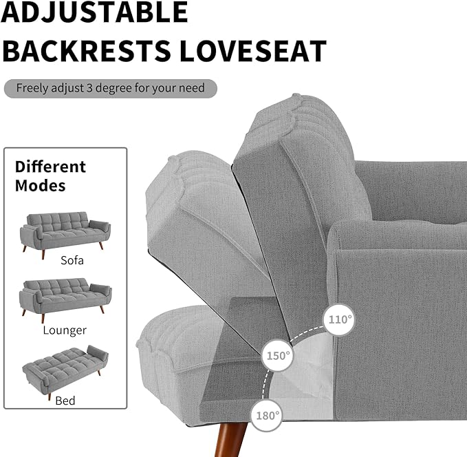 Convertible Futon Sofa Bed Linen Sleeper Couch 75 W Modern 3 Seater Tufted Sofa with Adjustable Backrests and Solid Wood Legs for Living Room Bedroom Small Space Gray