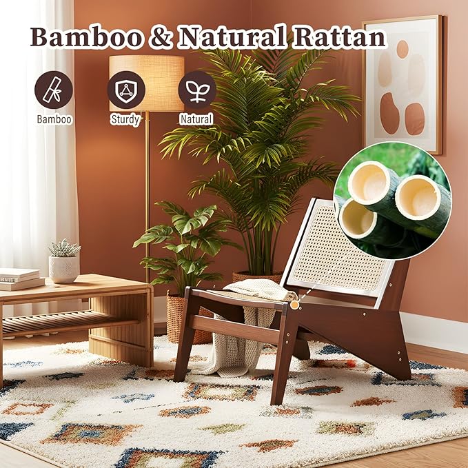 Rattan Chair 2Pcs Mid-Century Accent Chair Rattan Lounge Chair for Living Room Boho Side Corner Comfy Chair for Bedroom and Balcony Walnut