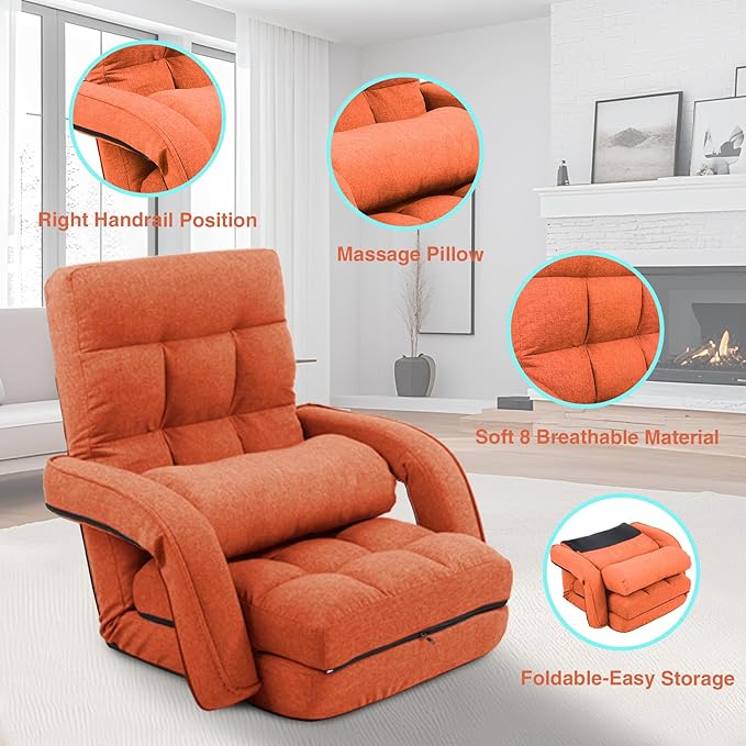 Adjustable Floor Chair for Adults with Back Suppor5-Position Folding Lazy Sofa with Pillow Gaming &amp Meditation Chair with Breathable Fabric - for Living Room Bedroom OfficeBalcony (Orange)