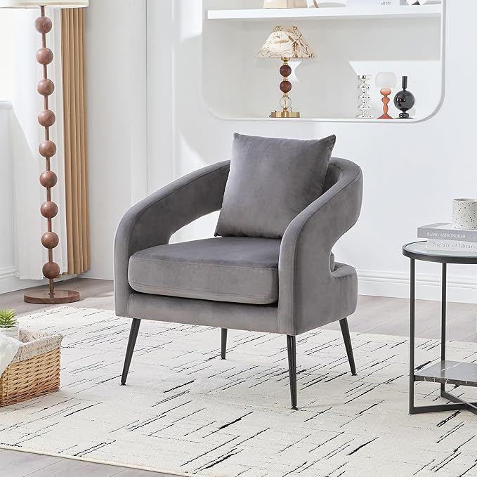 Mid Century Modern Accent Armchair - Velvet Upholstery with Removable CushionRound Arms &amp Sturdy Metal LegsComfortable Reading Chair for Living RoomBedroomApartment - Charcoal FabricBlack Leg