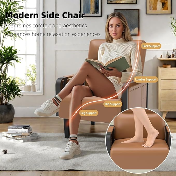 Upholstered Accent Chairs Set of 2 Faux Leather Armchair with Tray Table Comfy Reading Chair for Living Room Bedroom Guest Room Brown