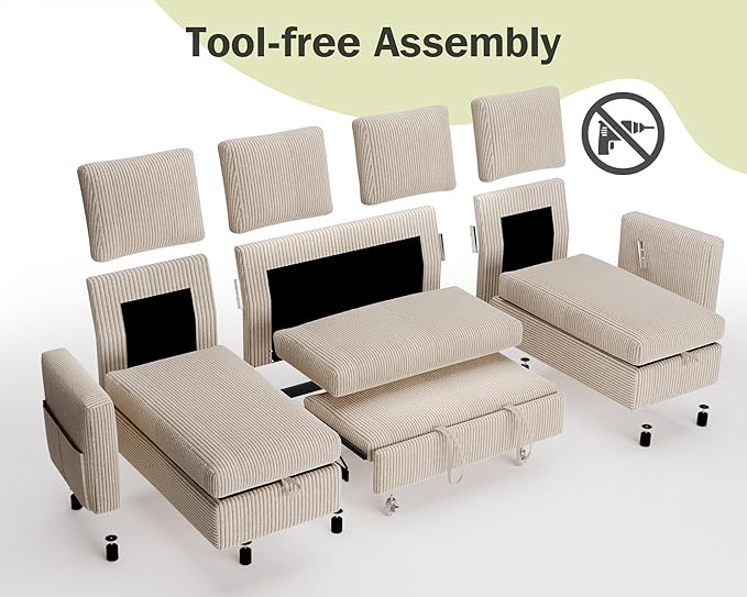 Vipbear 104 Sectional Sleeper Sofa Bed with Pull Out Bed U Shaped Couch Pull Out Couch with Reclining Backrest Reversible Storage Chaise USB Ports Tool-Free Assembly Corduroy Beige