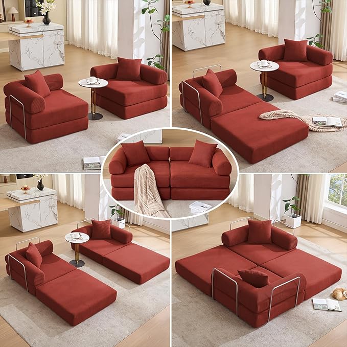 73 Convertible Modular Folding Sofa Bed 5-in-1 DIY Combination Fold Out Sleeper Sofa Bed Loveseat sleeper Couch with Removable Armrests Corduroy Floor Couch Small couches for small spaces Red