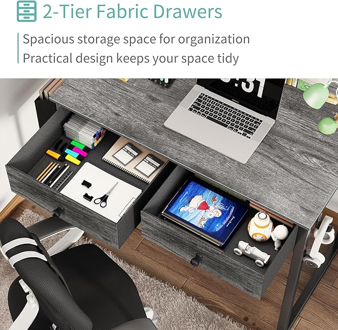 Lufeiya Small Desk with Drawers - for Bedroom 32 Inch Home Office Computer Desk with Fabric Storage Drawer and Bag Study Writing Table for Small Spaces Gray