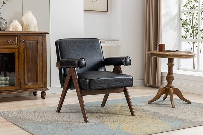 Leisure Chair with Solid Wood Armrest and Feet Mid-Century Modern Accent Chair for Living Room Bedroom Studio Chair
