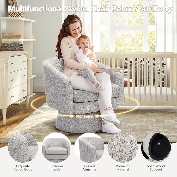360° Swivel Accent Reading Chair - Chenille Lounge Single Sofa with Storage Modern Club Armchair for Living Room Bedroom &amp Office（Light Gray）