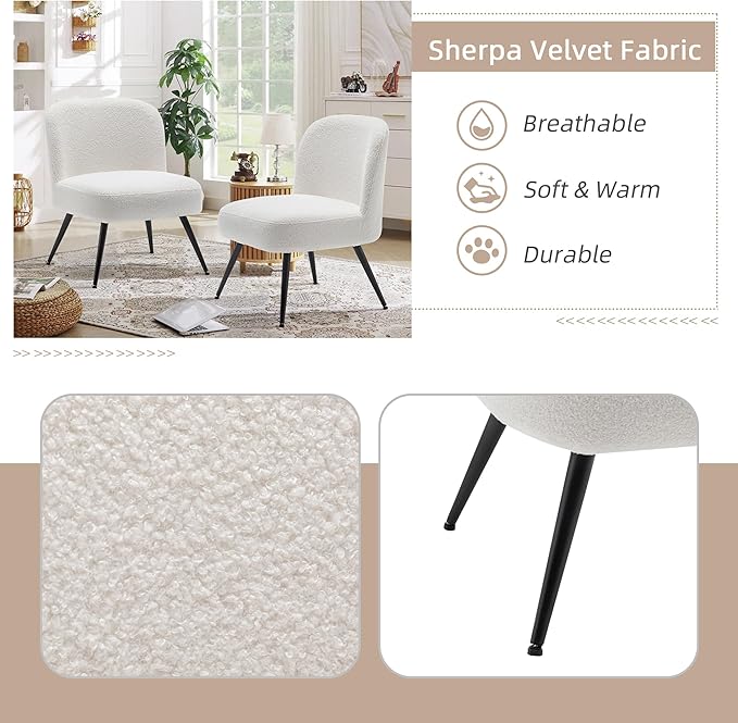 Andeworld Modern Accent Chair Set of 2 Upholstered Sherpa Velvet Living Room Chairs Elegant Armless Cute Small Side Club Chair with Golden Legs for Bedroom-White
