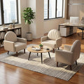 PU Accent Chairs for Living Room with High-Density Foam Cushion Mid-Century Single Sofa Armchair with Solid Wood Legs Upholstered Reading Chair for Bedroom Home Office (Shell Khaki 3 Set)