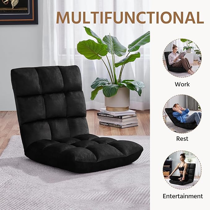 Topeakmart Living Room Floor Chair Folding Padded Lounge Chair with 14 Adjustable Position Meditation Chair Gaming Sofa with Backrest Lazy Sleeper Recliner for Living Room Bedroom Black 2pcs