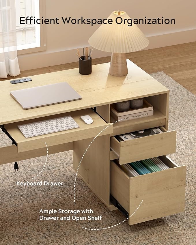 59 Farmhouse Office Desk Wide Home Executive Desk with File Drawer &amp Open Storage &amp Power Outlet Wooden Computer Desk for Study Writing Light Oak