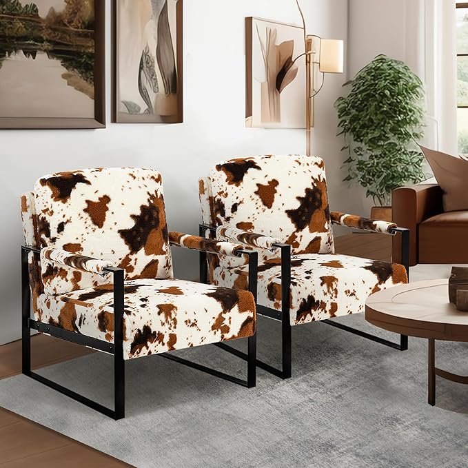 GIA Mid Century Modern Accent Chair Upholstered in Faux Fur Armchair with Black Metal Basefor Living Room Bedroom Home Office Set of 2 Brown Cow Print