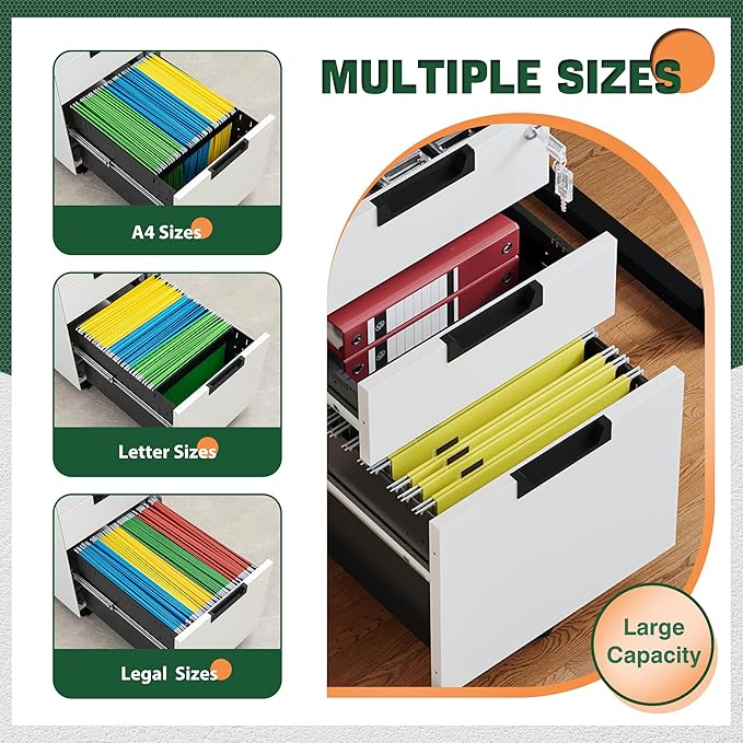 Letaya 3 Drawer Mobile File Cabinet with LockUnder Desk Metal Small Filing Cabinets for Home Office Organizer Letters/Legal/A4(Fully Assembled Except Wheels-White)