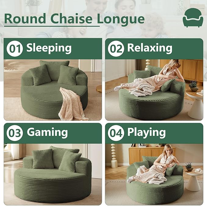 55''L Oversized Round Chaise Longue Chair Indoor Corduroy Sponge Single Sofa Oversized Round Chairs Modern Sleeper Chair for Living RoomProjection Room Wide Armrest Chairs Green