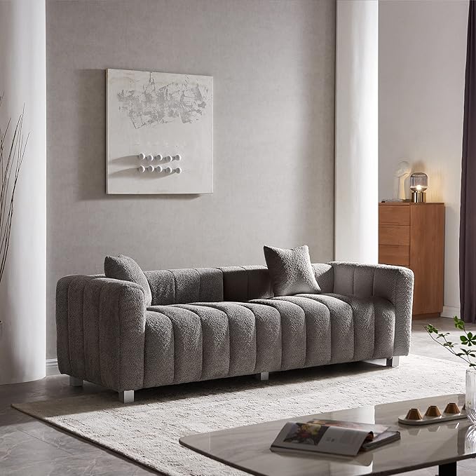 SZLIZCCC 87 Modern Upholstered Sofa Piano-Key Tufted Teddy Velvet Couch 3-Seater Comfortable Living Room &amp Office Sofa (Grey)