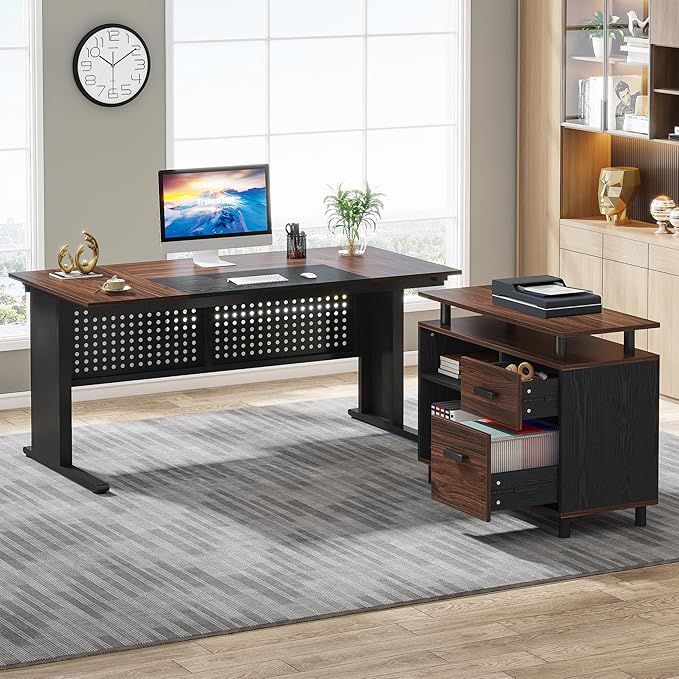 Tribesigns 63 Inch Executive Desk with File Cabinet Large Office Desk L Shaped Computer Desk with Drawers and Storage Shelves Business Furniture Desk for Home Office Dark Walnut and Black